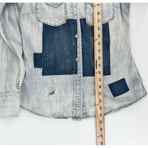 Lucky Brand Legend Denim Patchwork Button Up Shirt XS Western Boho Cottage Farm - Picture 8 of 8